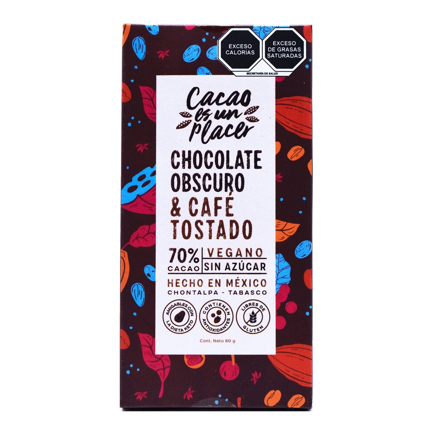 Chocolate Obscuro Con Cafe Tostado Sin Azucar 80 G (CACAO ES UN PLACER)