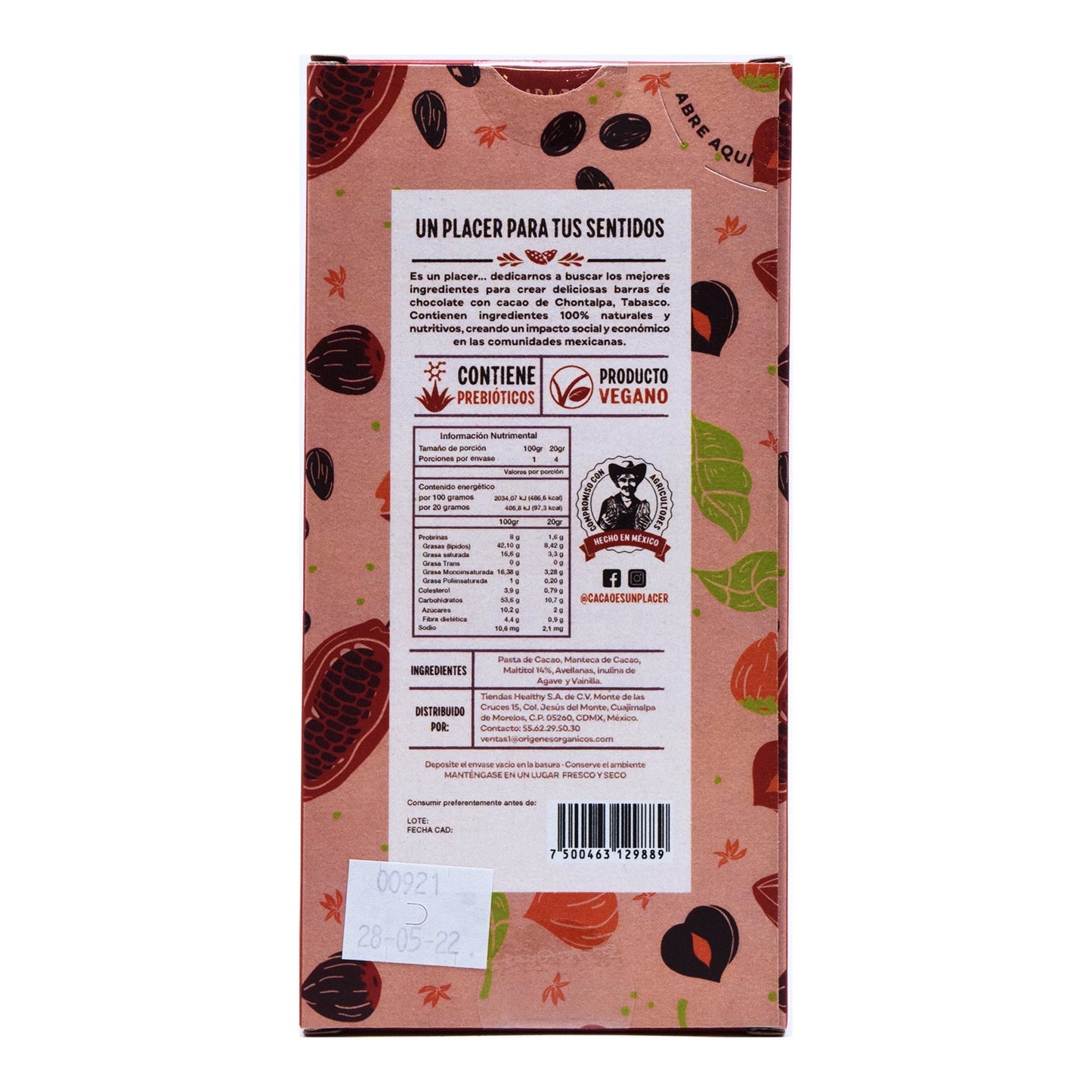 Chocolate Obscuro Con Avellanas Sin Azucar 80 G (CACAO ES UN PLACER)