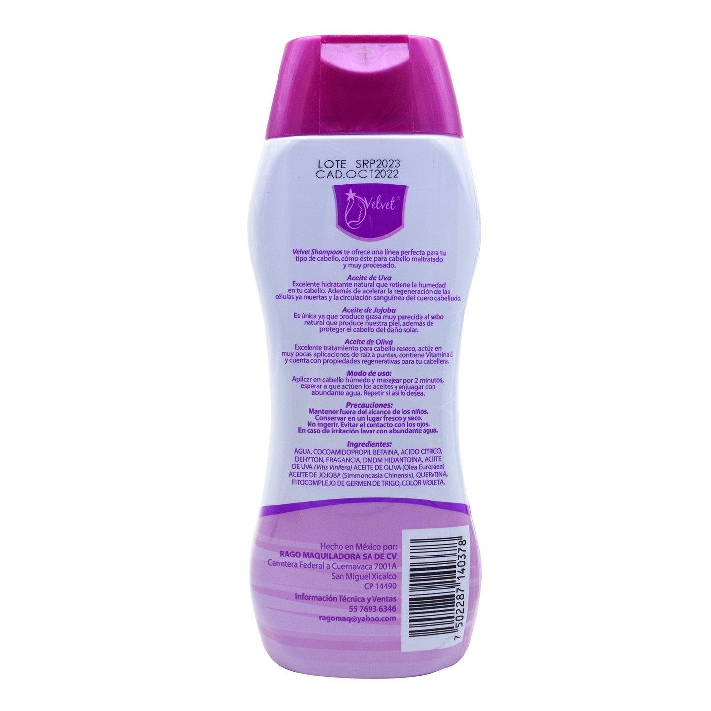Shampoo Aceite De Uva, Jojoba Y Olivo 500 Mililitros (VELVET)