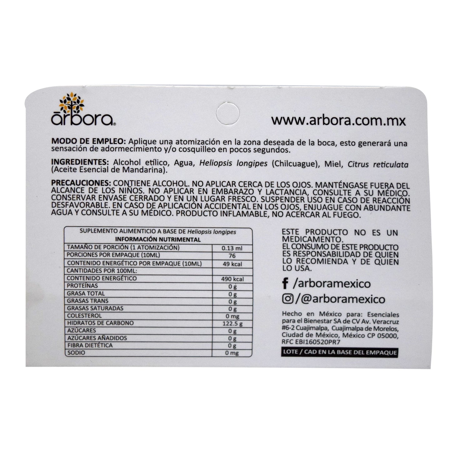 Spray Con Raiz De Chilcuague Mandarina 10 Mililitros (ARBORA)