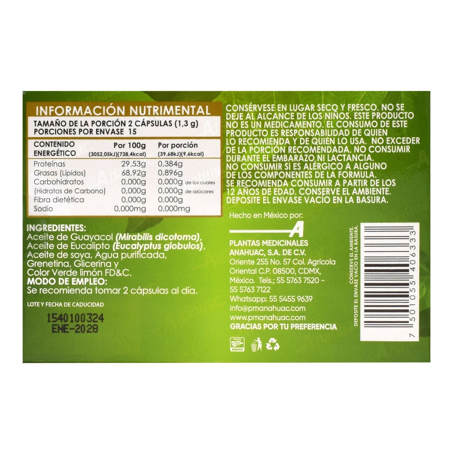 Guayacol Con Eucalipto 30 Cápsulas (ANAHUAC)