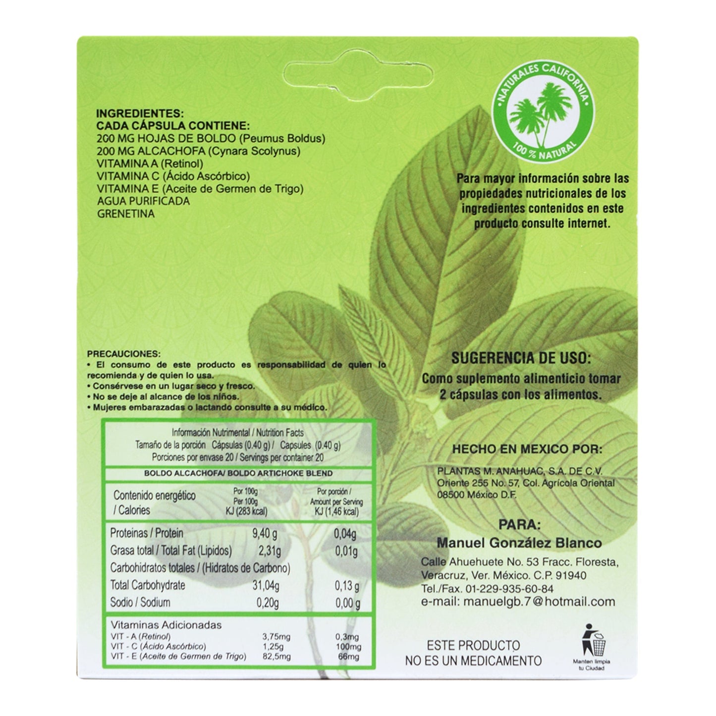 Boldo Y Alcachofa 40 Cápsulas (NATURALES CALIFORNIA)