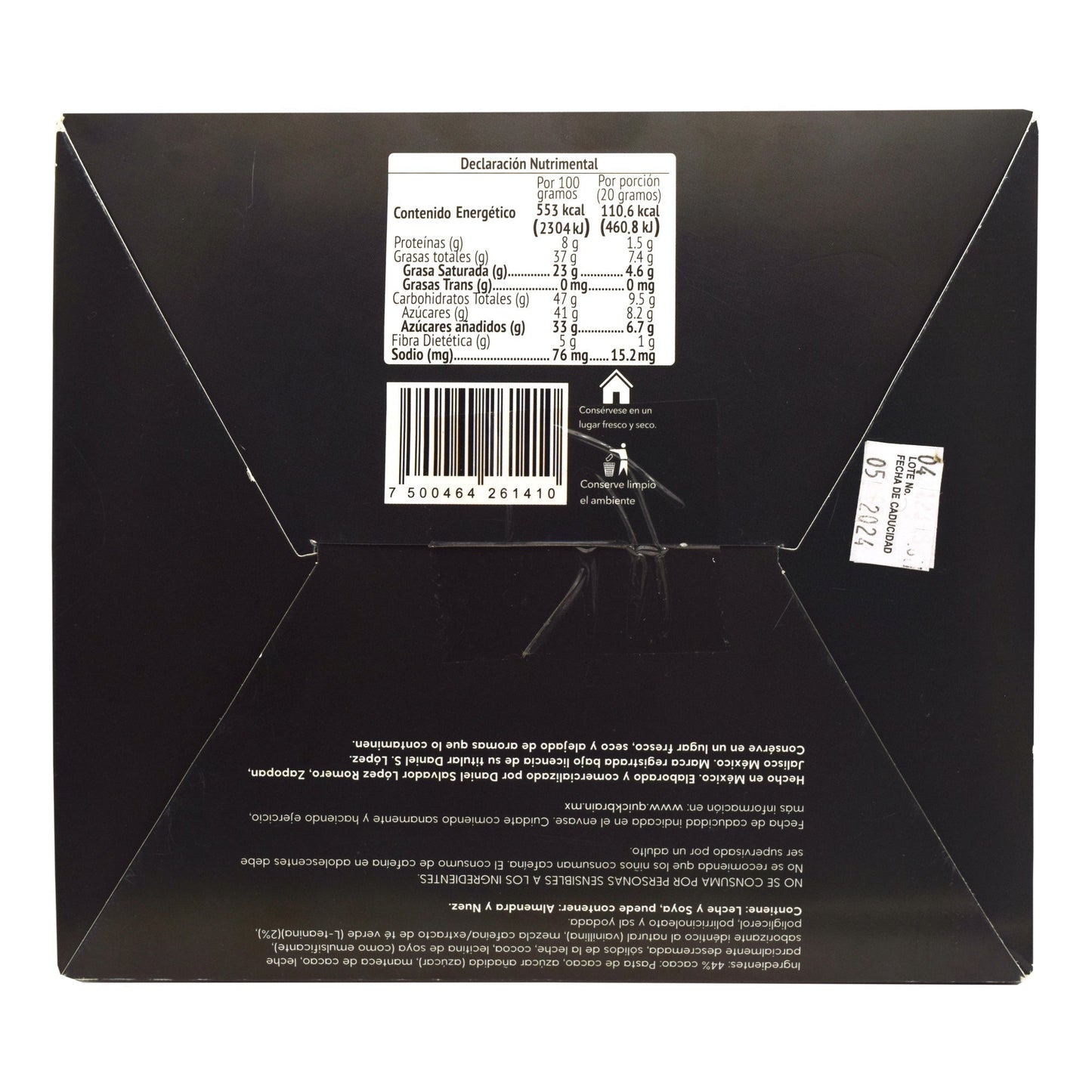 Barra De Chocolate Con Cafeina Y Te Verde 20 G (Paquete 24) (QUICK BRAIN)