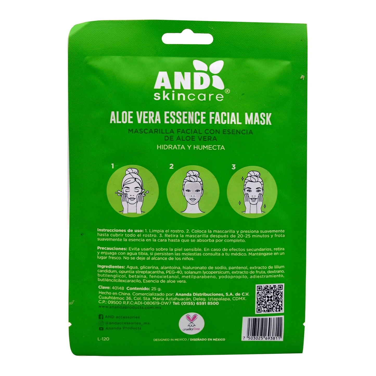 Mascarilla Facial De Aloe Vera 25 G (Paquete 10) (AND)