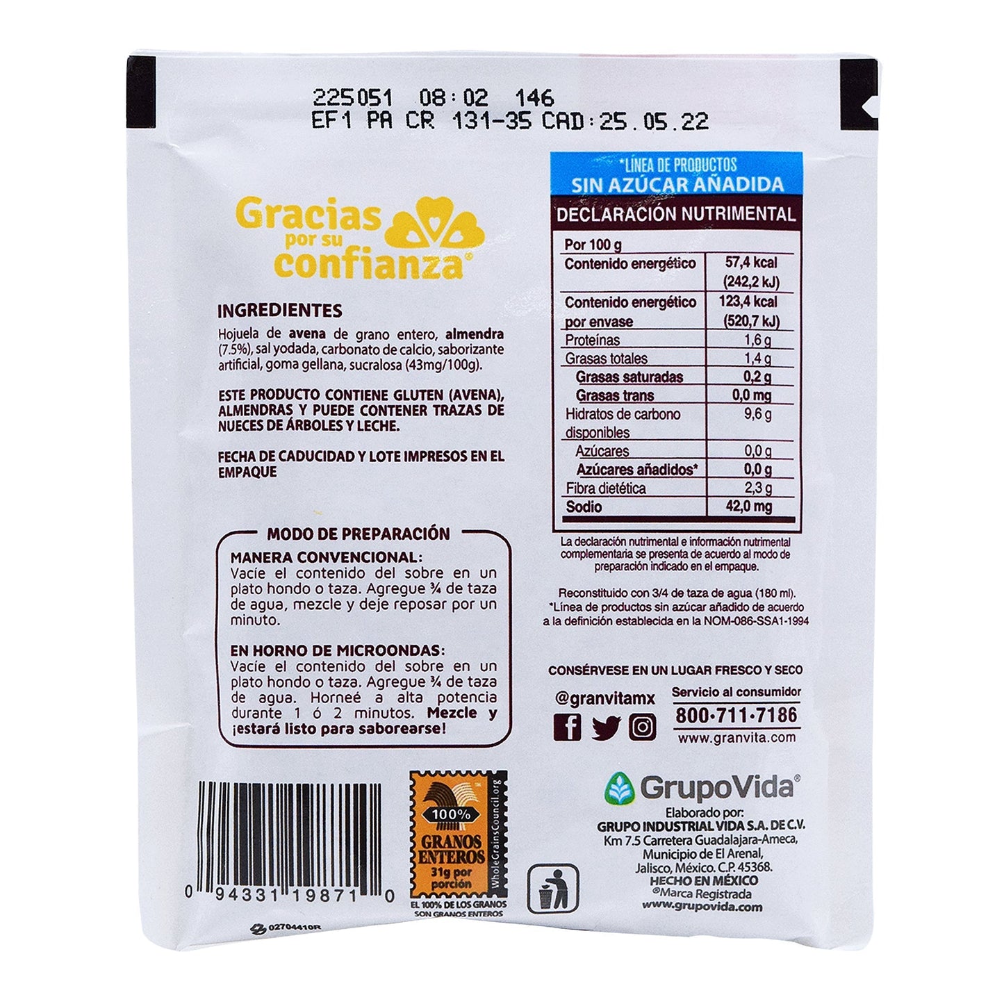 Avena Instantanea Almendras 35 G (GRANVITA)