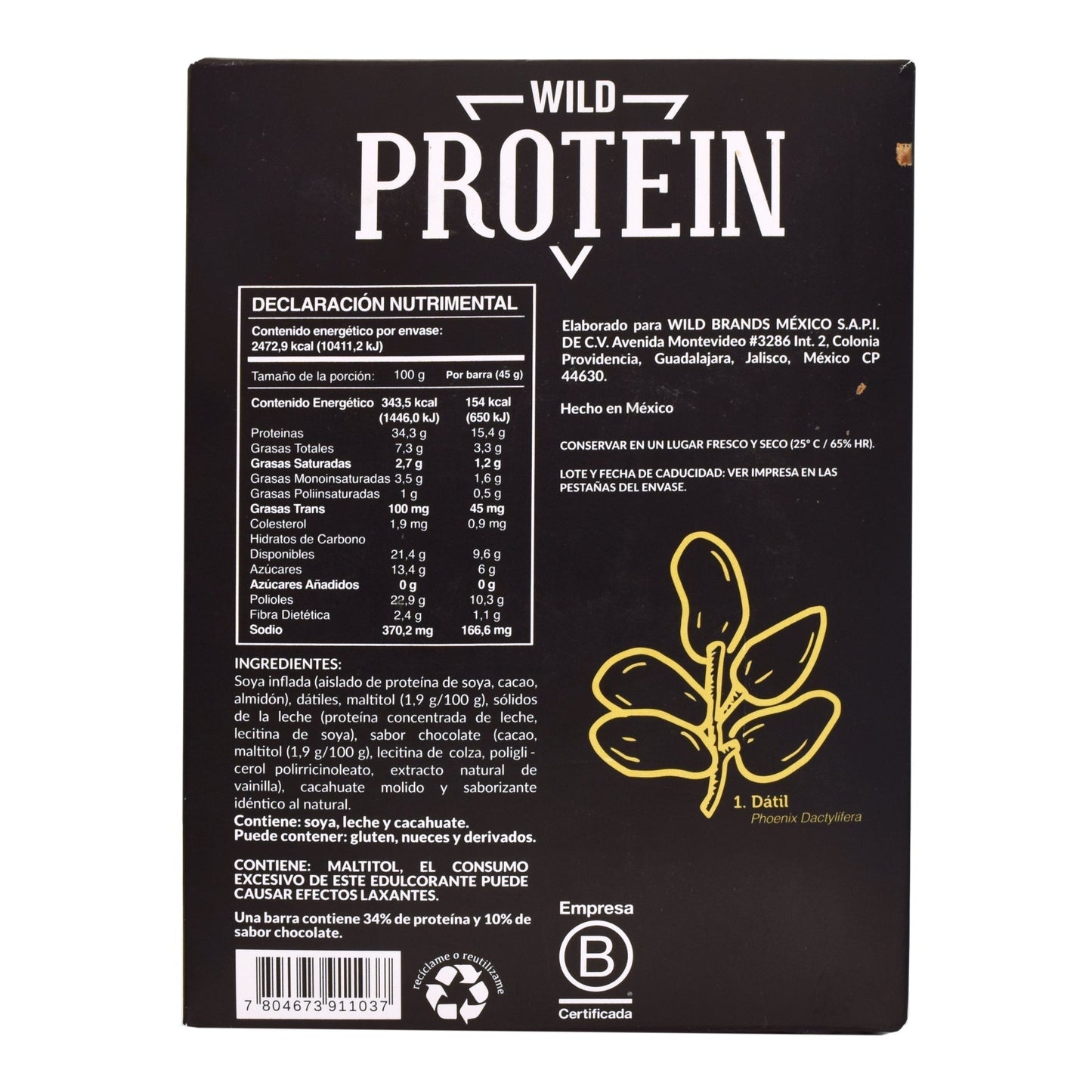 Barra De Proteina Chocolate 45 G (Paquete 16) (WILD PROTEIN)