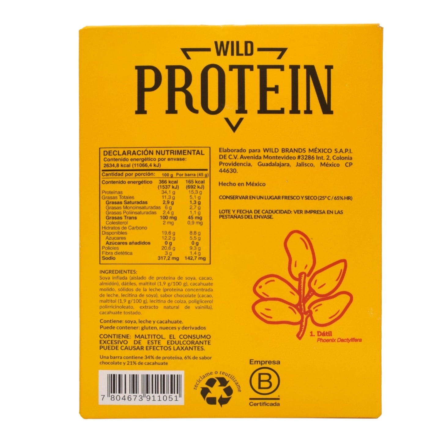 Barra Proteina Chocolate Cacahuate 45 G (Paquete 16) (THE WILD FOODS)