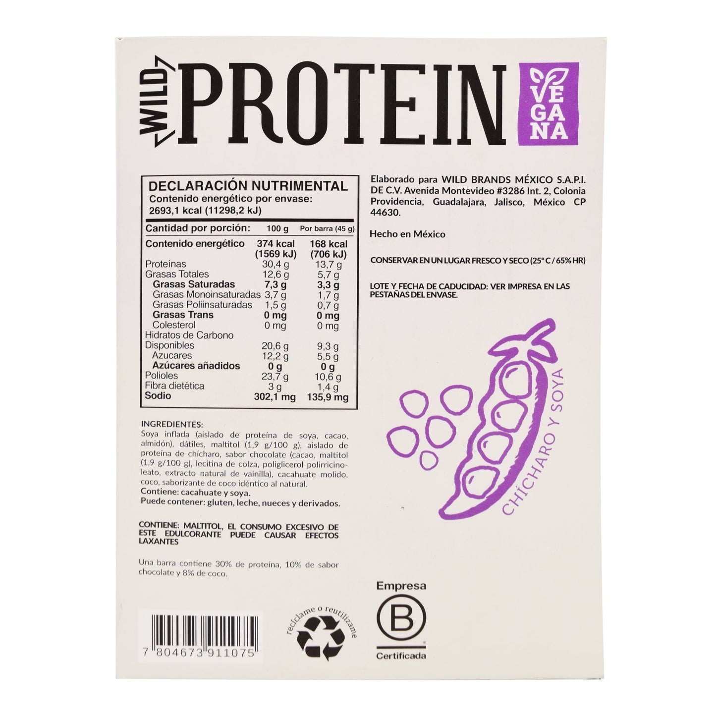Barra De Proteina Chocolate Y Coco 45 G (Paquete 16) (WILD PROTEIN)
