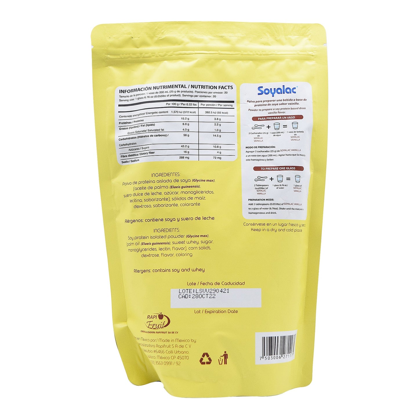 Bebida De Soya Vainilla 500 G (SOYALAC RAPIFRUIT)
