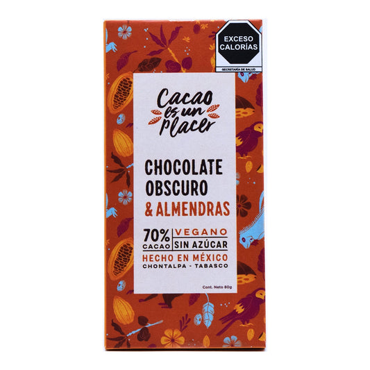 Chocolate Obscuro Con Almendras Sin Azucar 80 G (CACAO ES UN PLACER)