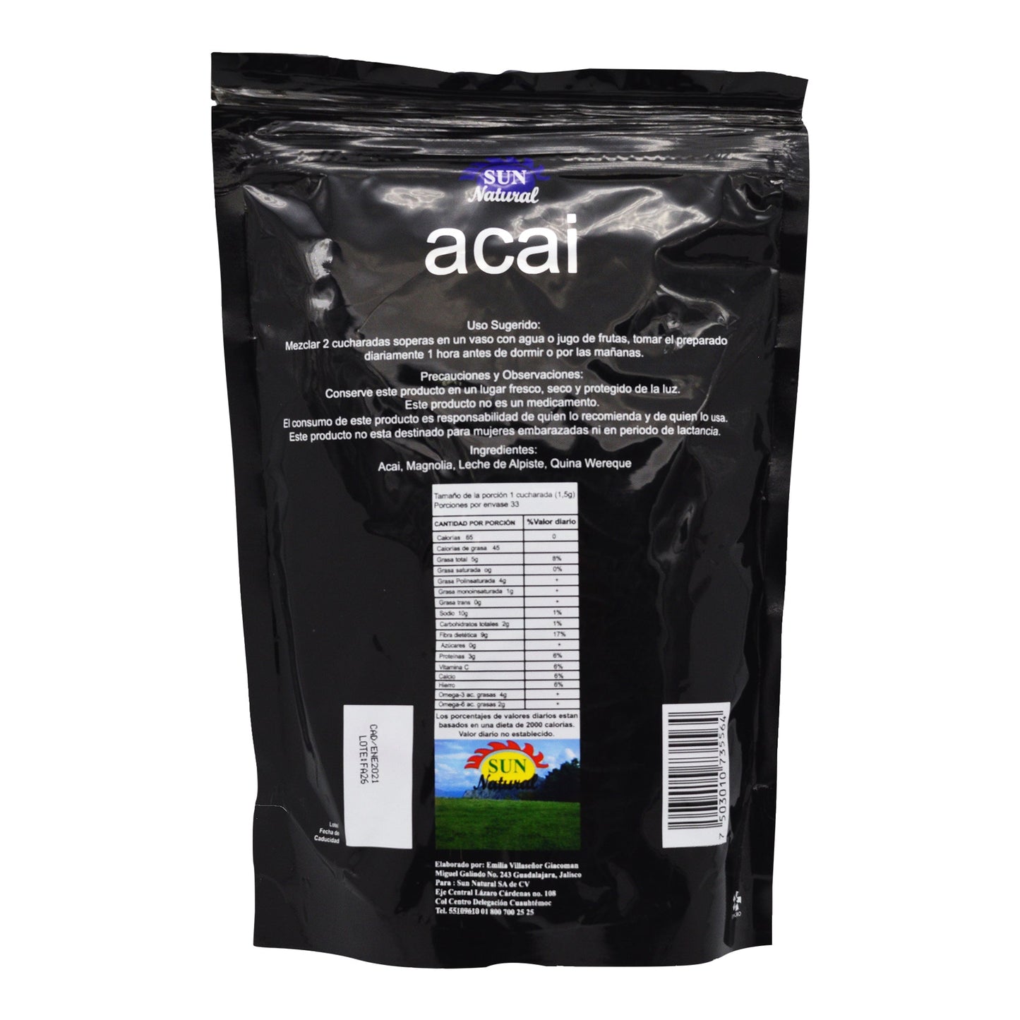 Fibra De Acai Con Alcachofa Y Magnolia 480 G (SUN NATURAL)