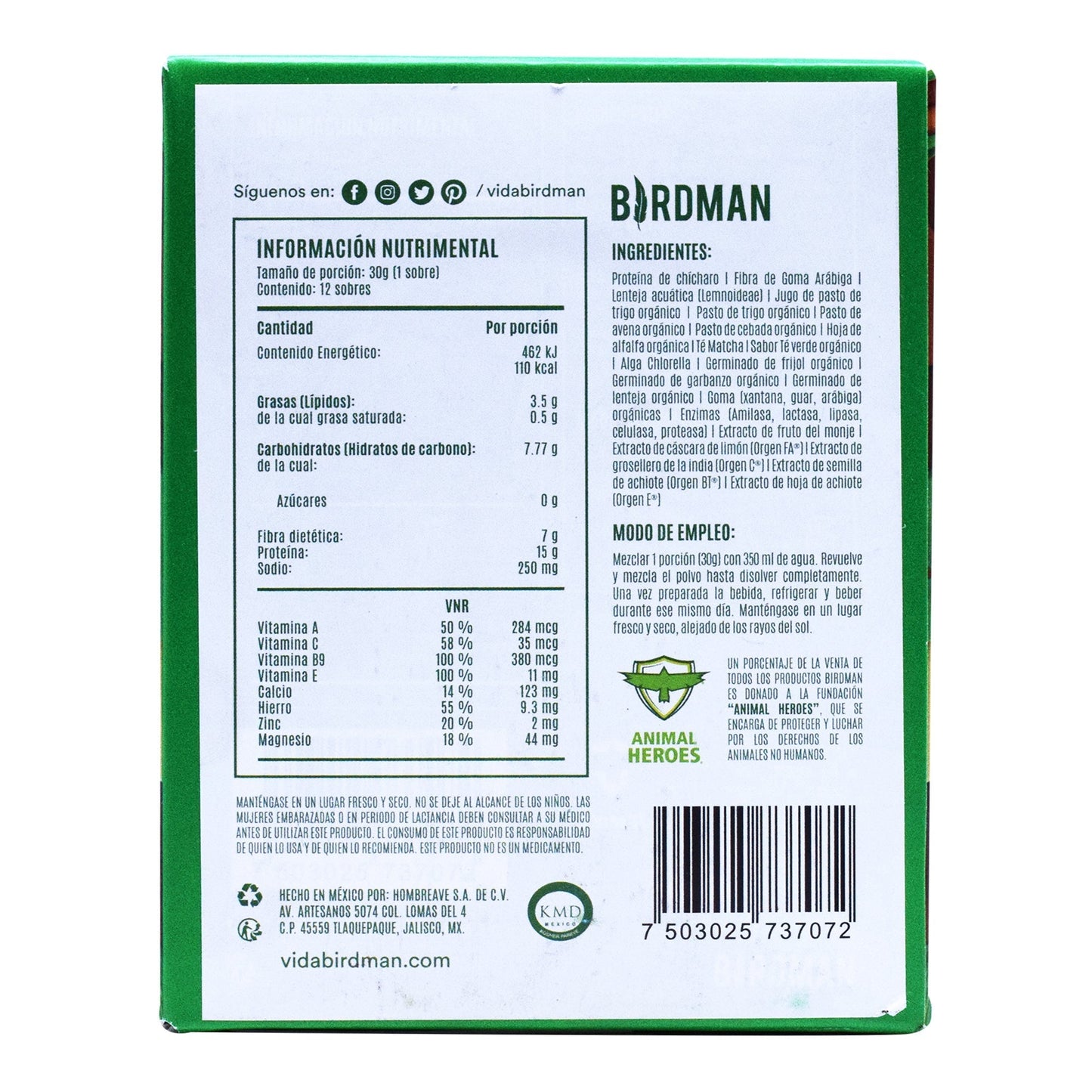 Mezcla De Verdes Y Proteina Sabor Matcha 30 G (Paquete 12) (BIRDMAN)