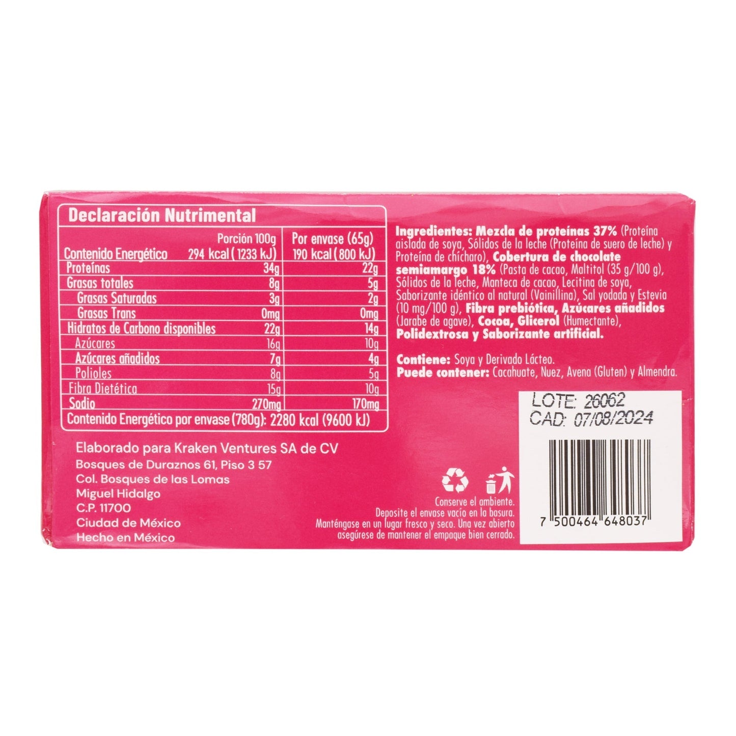 Barra De Proteina Chocolate Oscuro 65G (Paquete 12) (REBEL)