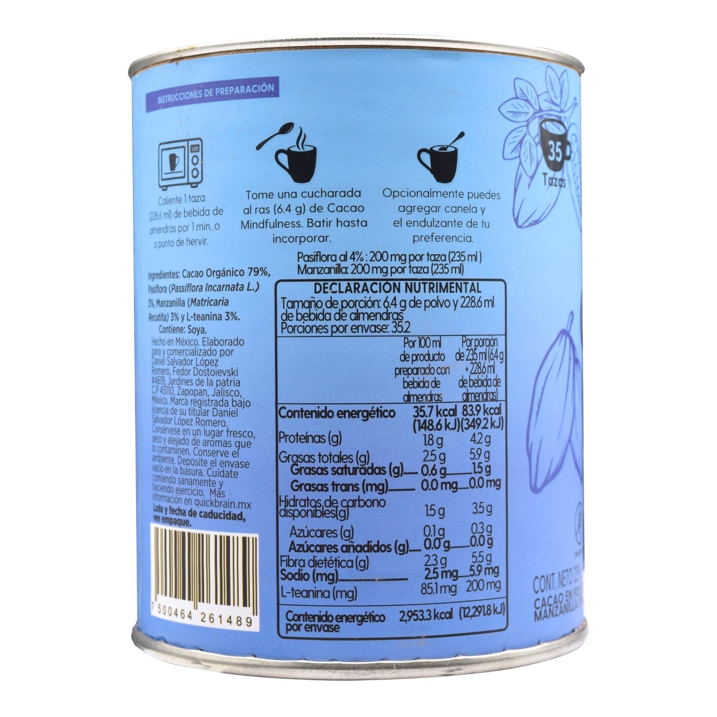 Cacao Con Pasiflora Manzanilla Y L Teanina 225 G (QUICK BRAIN)