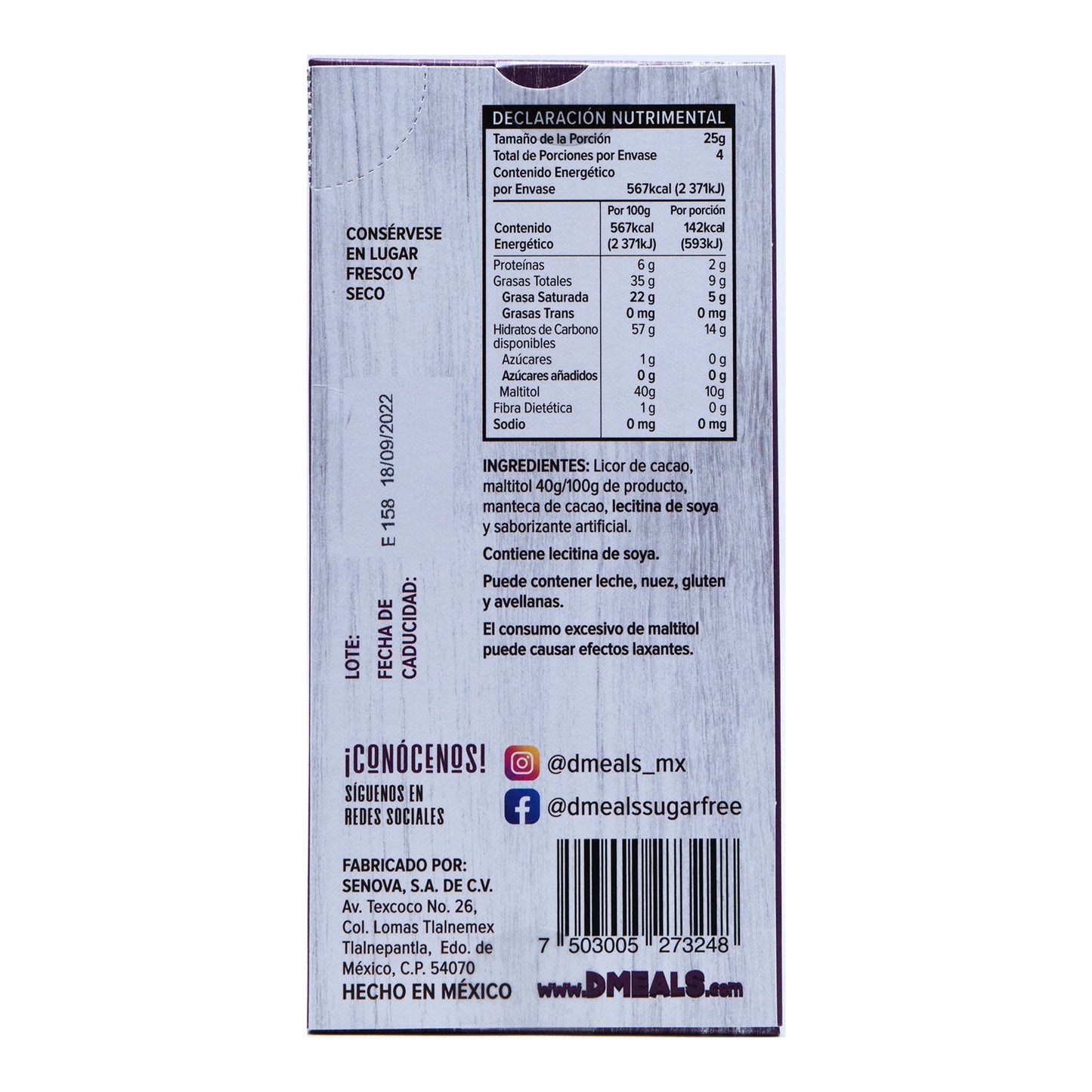 Chocolate Semi Amargo Sin Azucar 100 G (D MEALS)