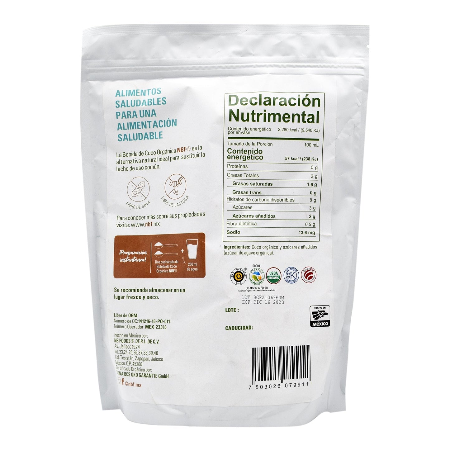 Bebida De Coco Organico En Polvo 480 G (NB FOODS)