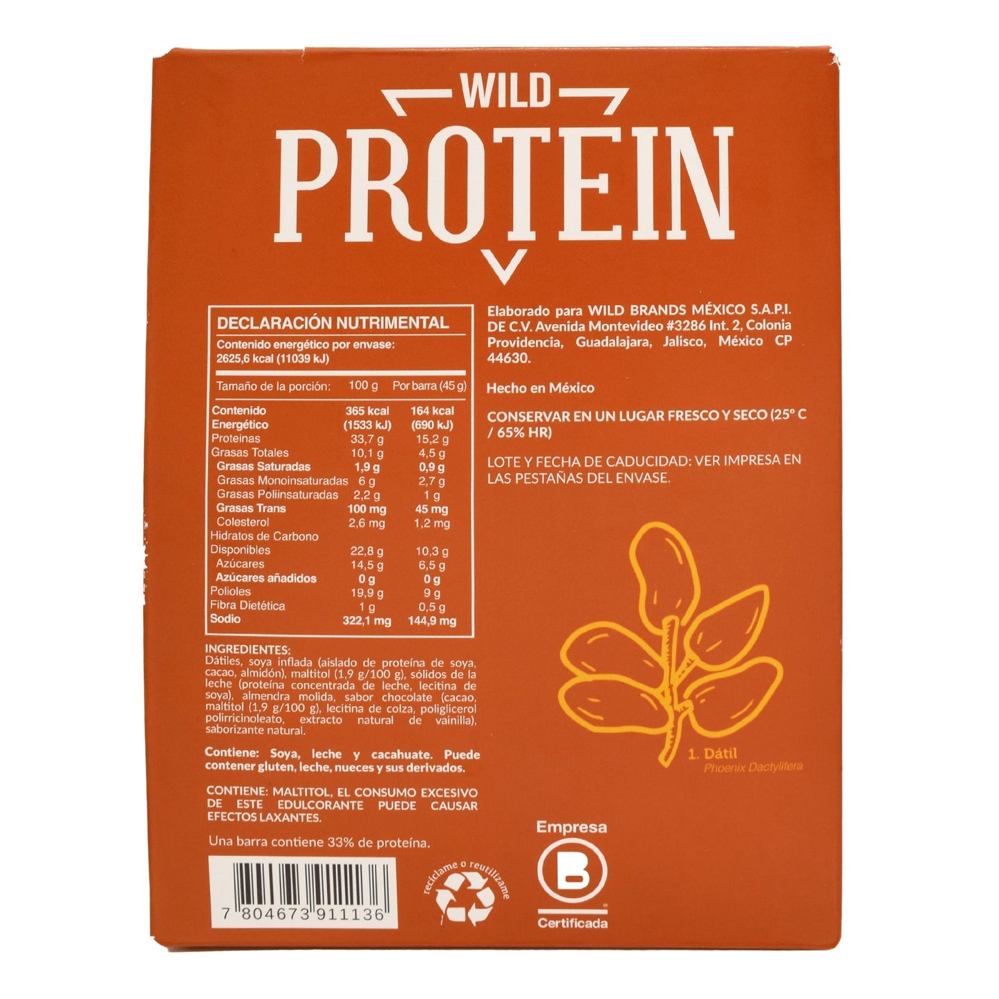 Barra Proteina Caramelo 45 G (Paquete 16) (THE WILD FOODS)