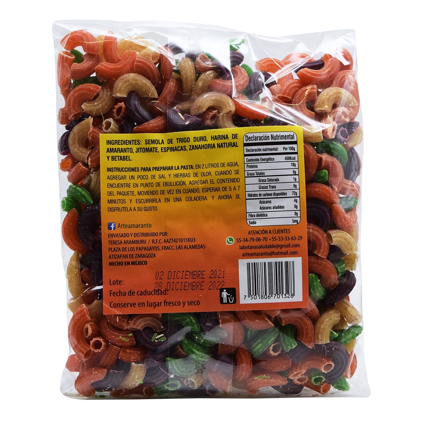 Pasta Integral Con Verdura Y Amaranto Codito 200 G (ARTE AMARANTO)