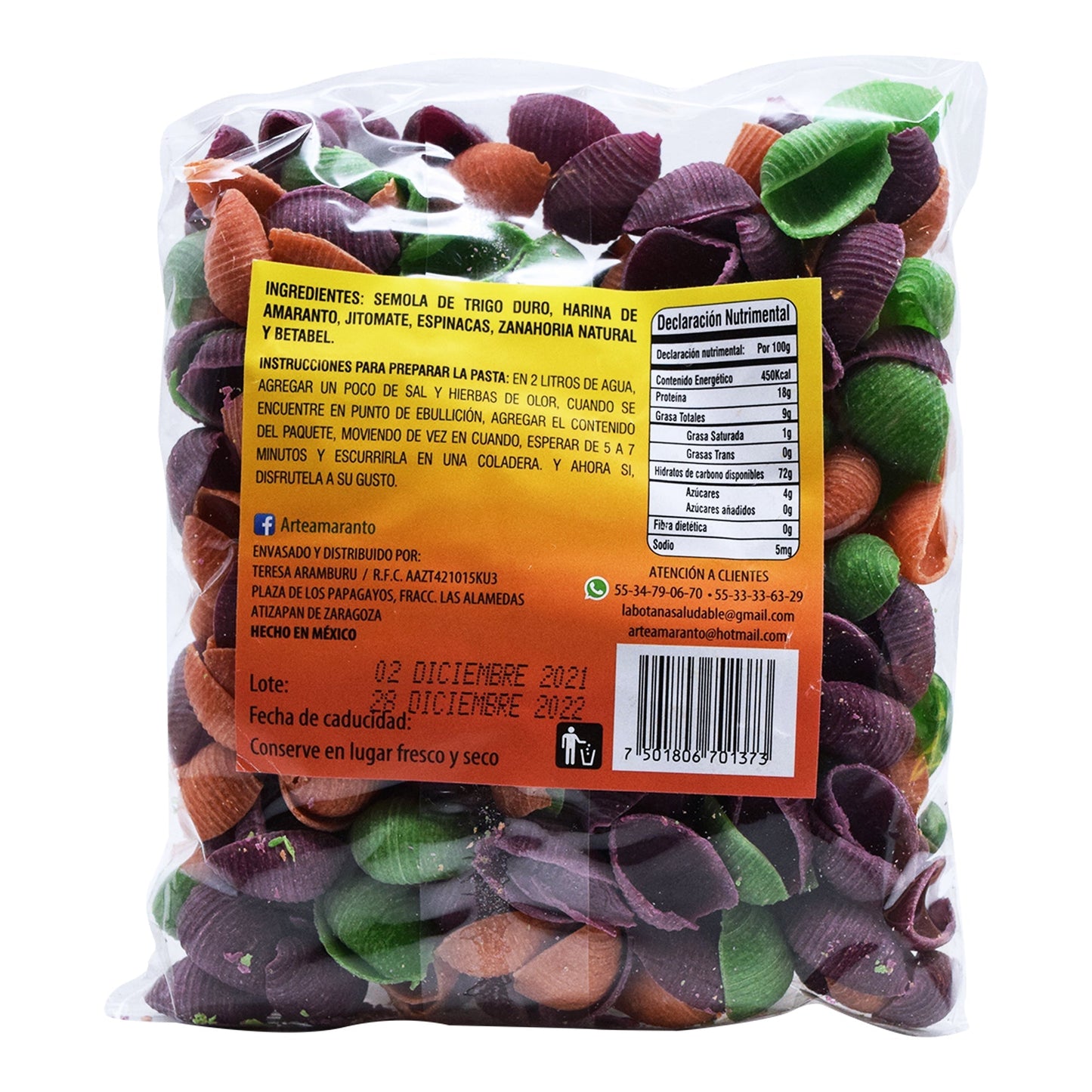 Pasta Integral Con Verdura Y Amaranto Caracol 200 G (ARTE AMARANTO)