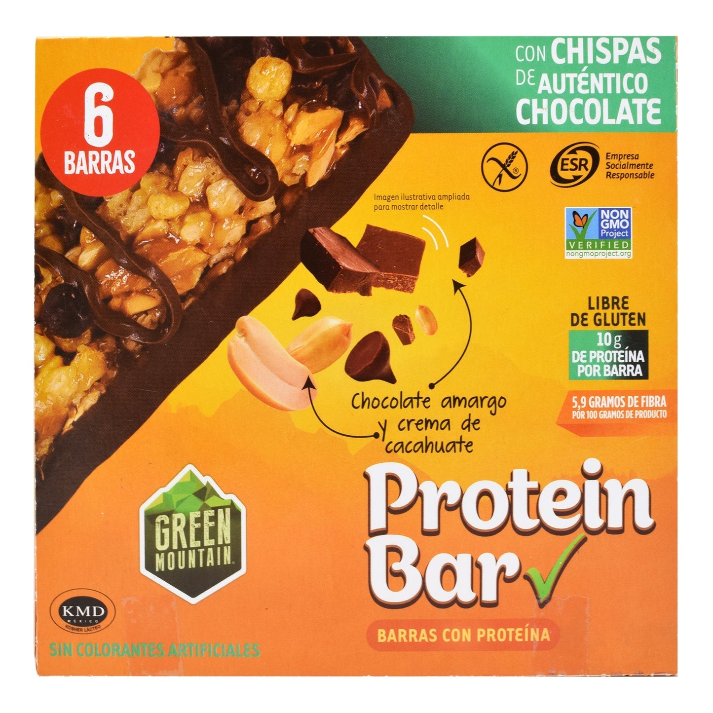 Barra De Cacahuate Con Proteina Y Chocolate 210 G (Paquete 6) (GREEN MOUNTAIN)