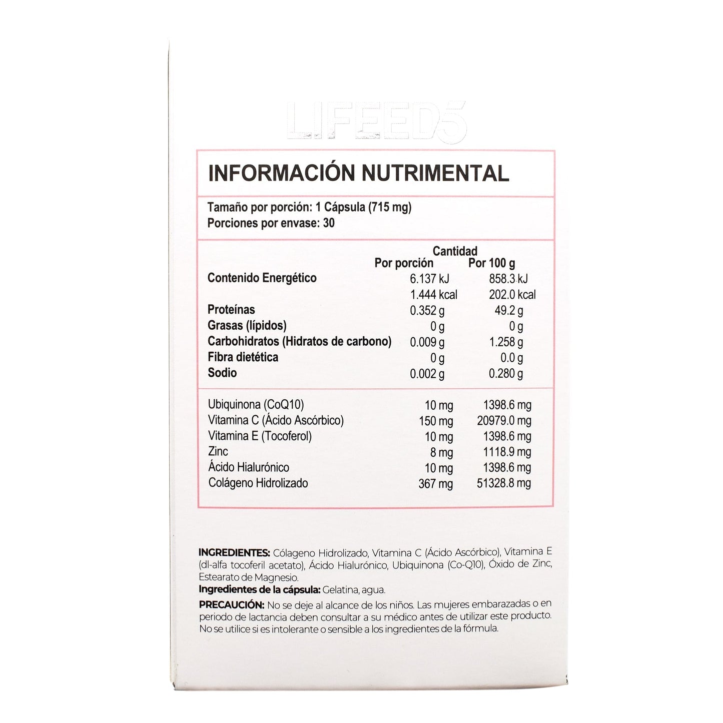 Colageno Acido Hialuronico Coenzima Q10 Vitamina E C 30 Cápsulas (LIFEED5)