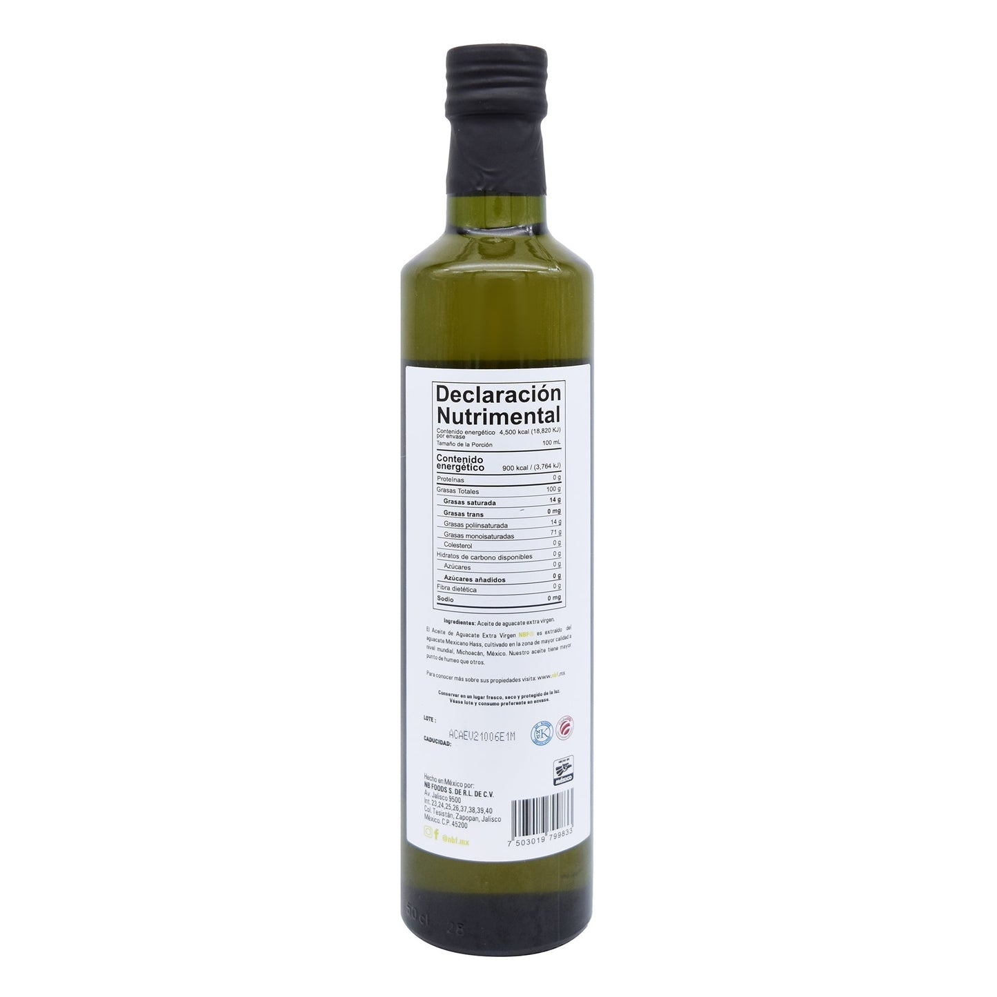 Aceite De Aguacate Extra Virgen 510 Mililitros (NATURA BIO FOODS)