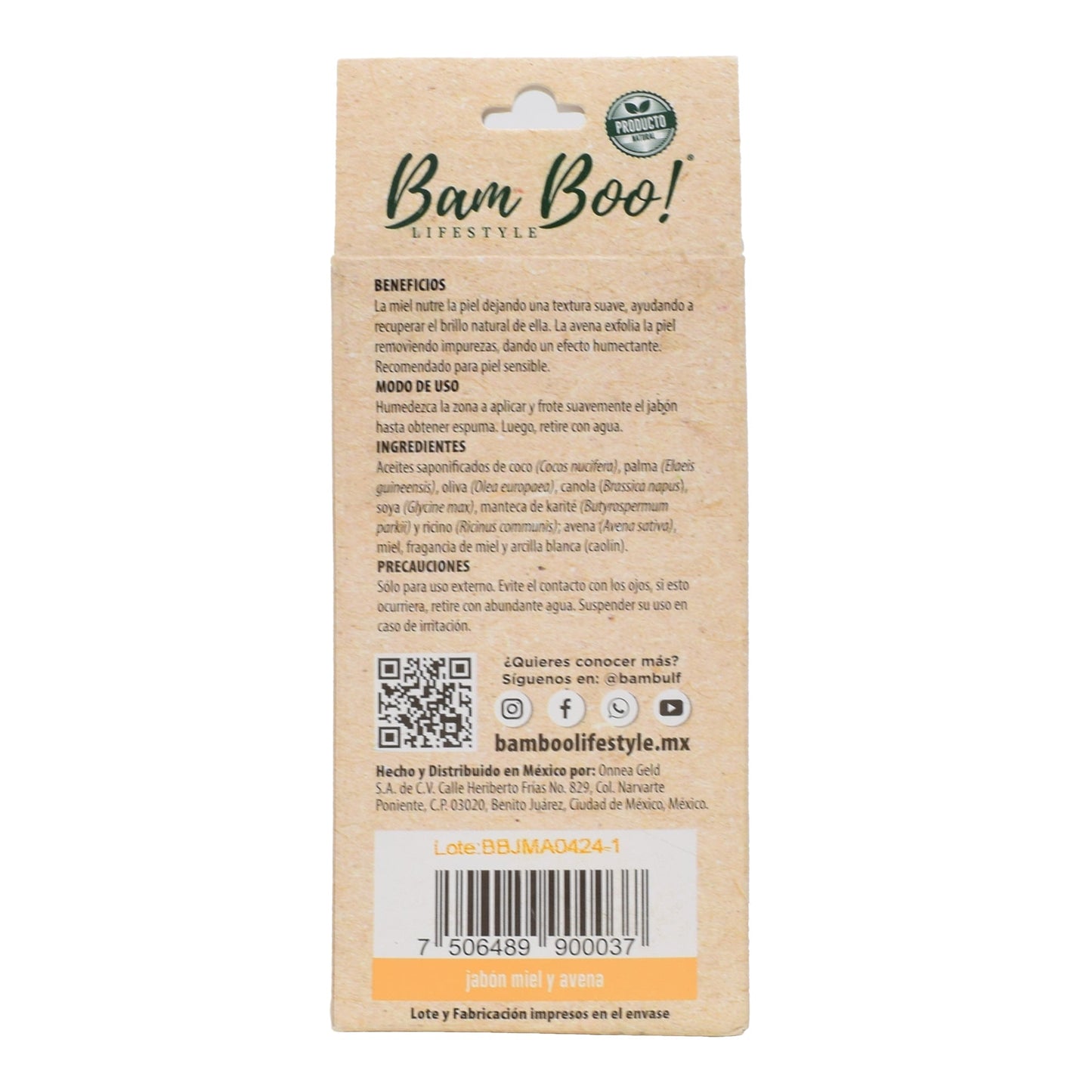 Jabon Miel Y Avena 100 G (BAM BOO! LIFESTYLE)