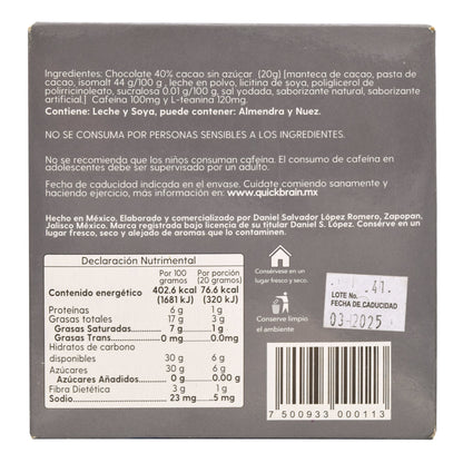 Barra Chocolate Cafeina Te Verde Sin Azucar 20 G (QUICK BRAIN)