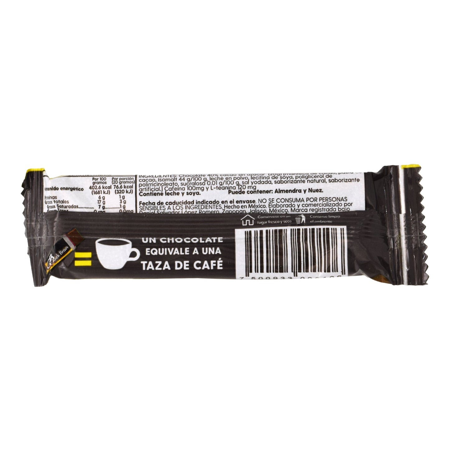 Barra Chocolate Cafeina Te Verde Sin Azucar 20 G (QUICK BRAIN)