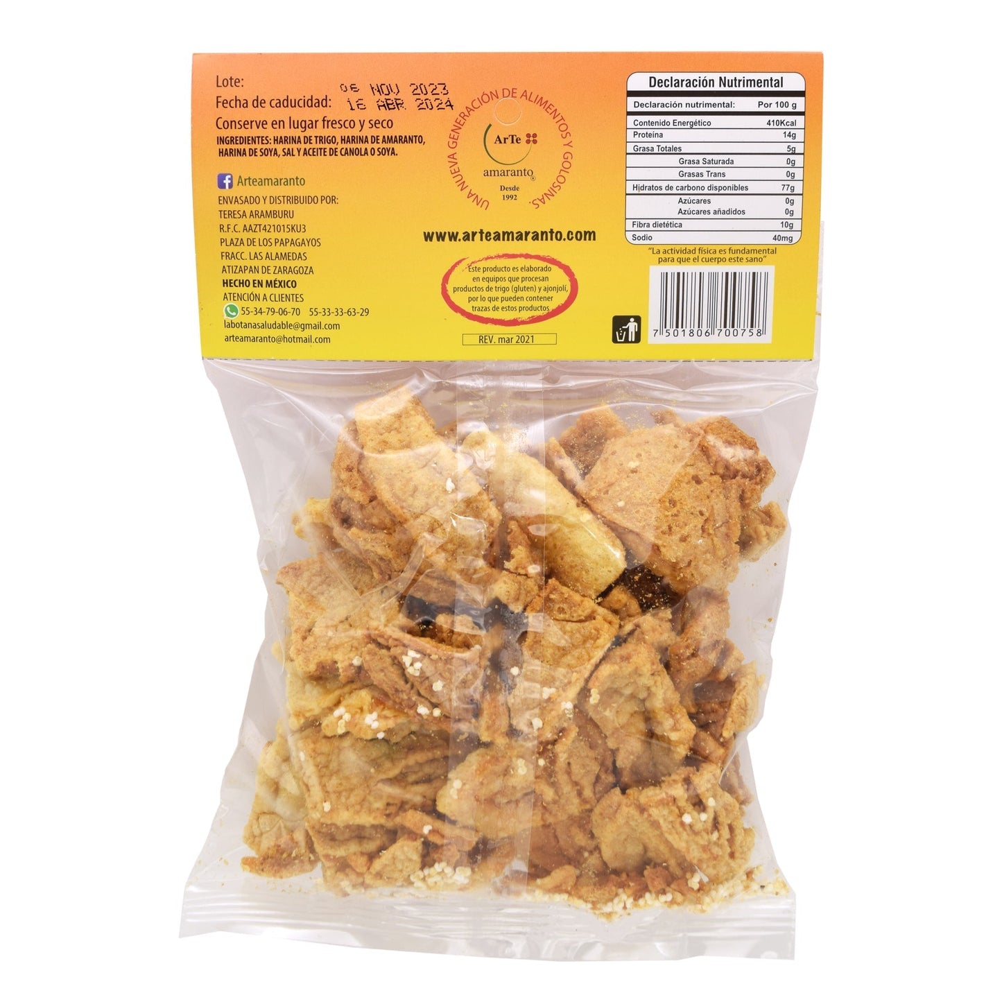 Chicharron Con Amaranto Y Soya Natural 50 G (Caja 12) (ARTE AMARANTO)