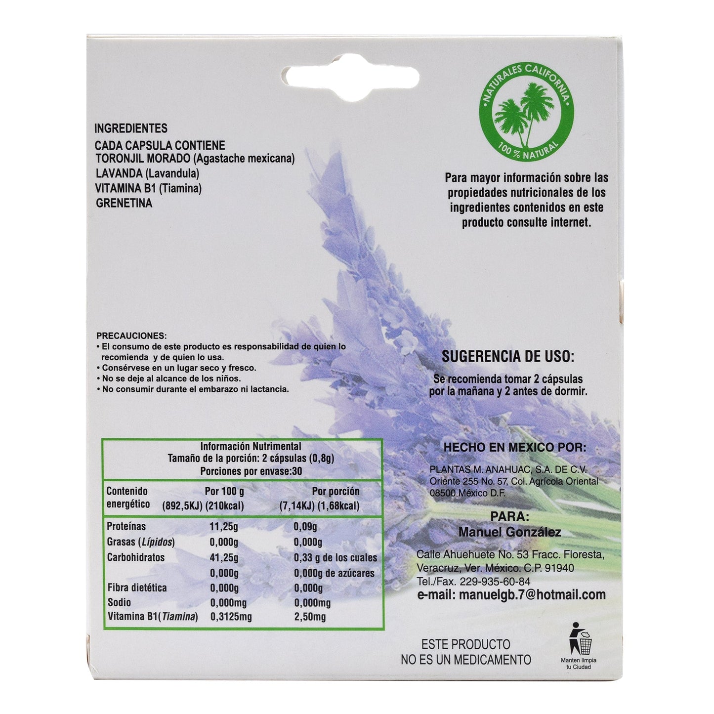 Toronjil Morado 40 Cápsulas (NATURALES CALIFORNIA)