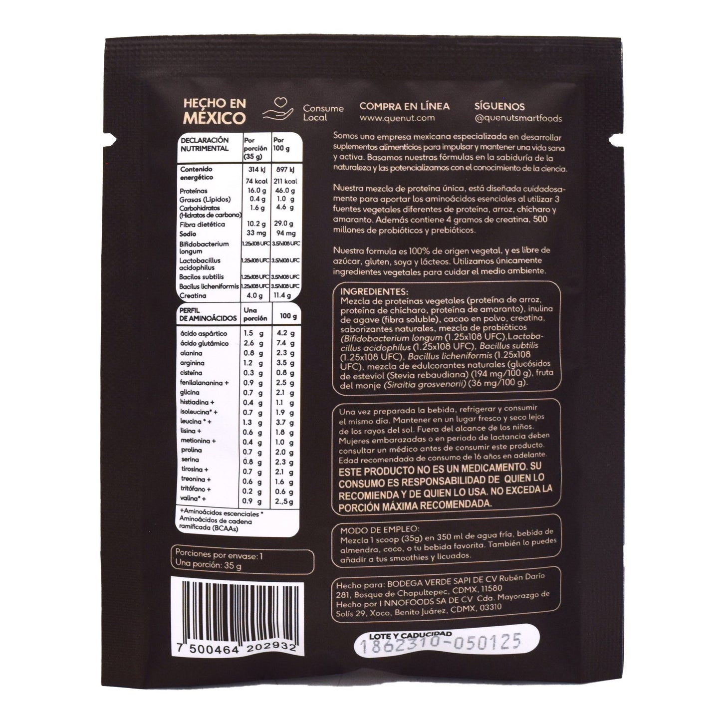 Post Workout Chocolate 35 G (Paquete 12) (QUENUT)