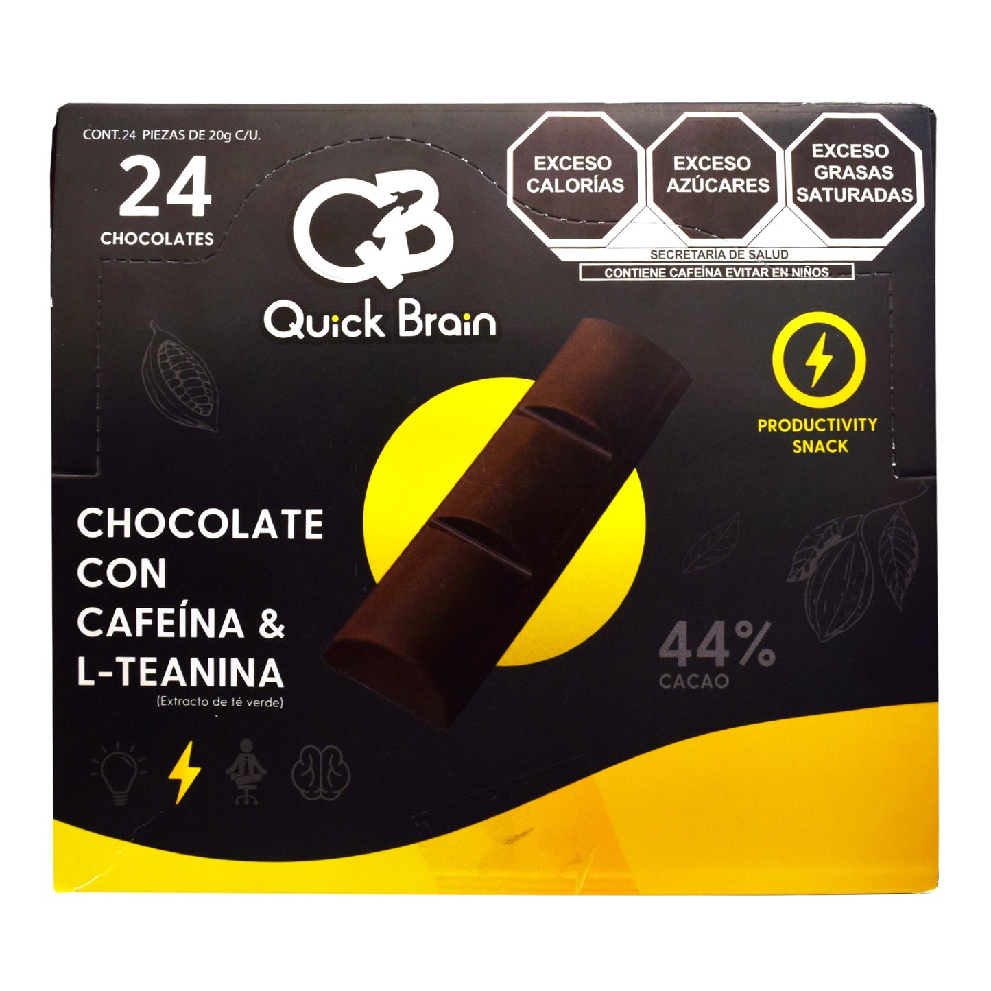 Barra De Chocolate Con Cafeina Y Te Verde 20 G (Paquete 24) (QUICK BRAIN)