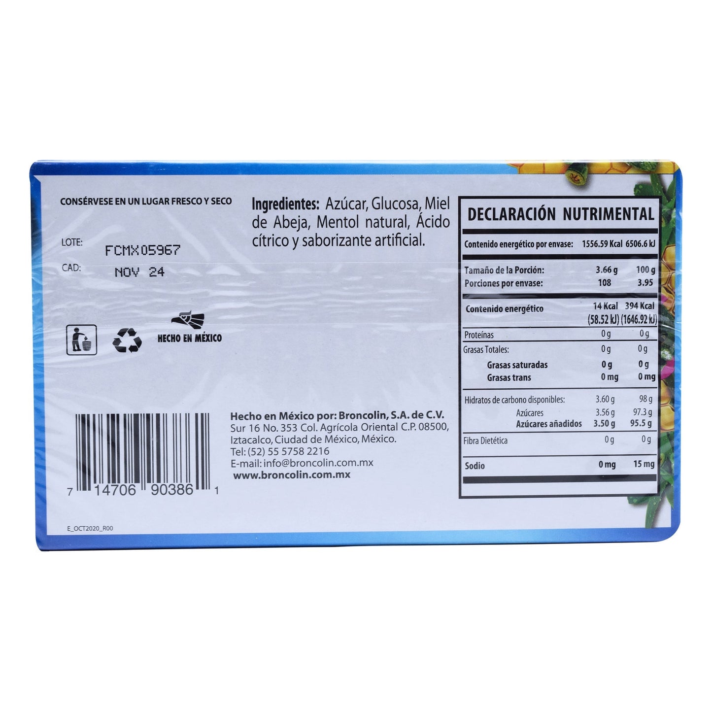 Caramelo Miel Mentol Bronco Fresh 33 G (Paquete 12) (BRONCOLIN)