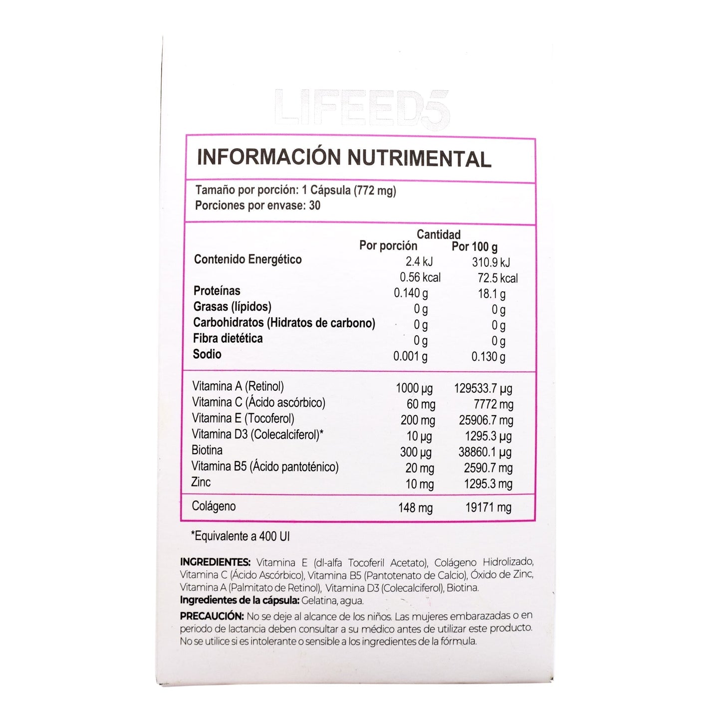 Biotina Colageno Vitamina B5  E Zinc 30 Cápsulas (LIFFED5)