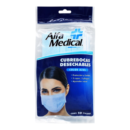 Cubrebocas Desechable Azul 10 Pza (ALFA MEDICAL)